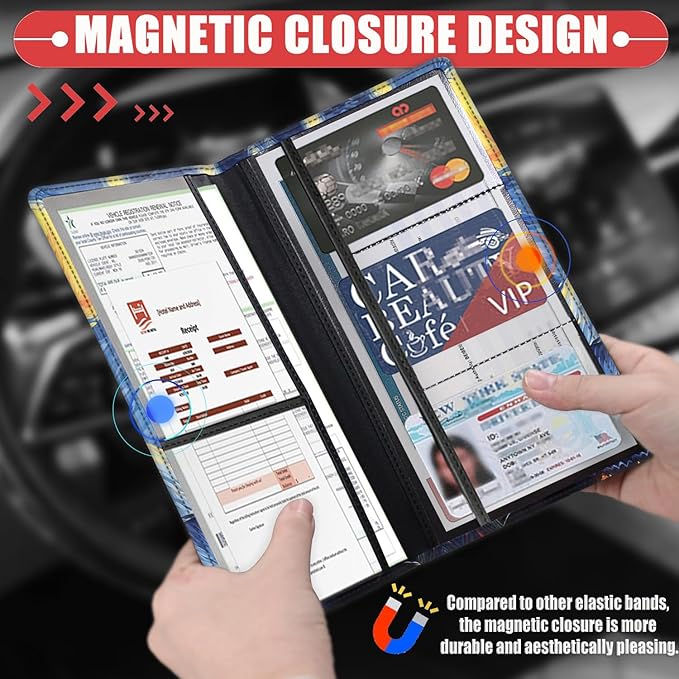 Car Document Holder with Magnetic Shut, Car Registration & Insurance Card Holder, Waterproof PU Leather Glove Box Organizer Vehicle Accessories Driver License for Women/Men, Star Cat Pattern