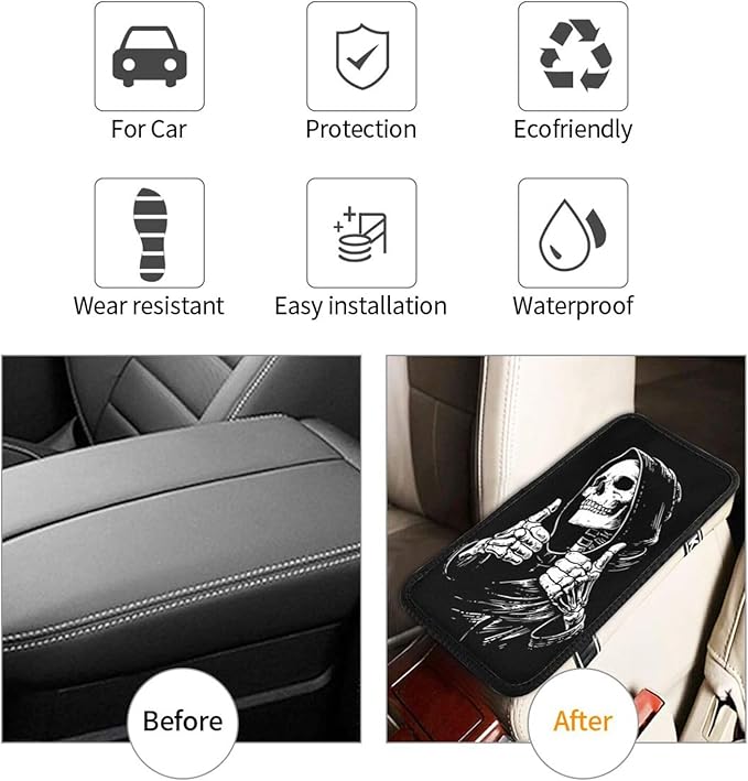 Black and White Funny Skull Center Console Cover Pad, Car Armrest Seat Box Cover Cushion Universal for Most Vehicle SUV Truck, Car Interior Accessories Decor, Protect from Pet Claws & Dirt