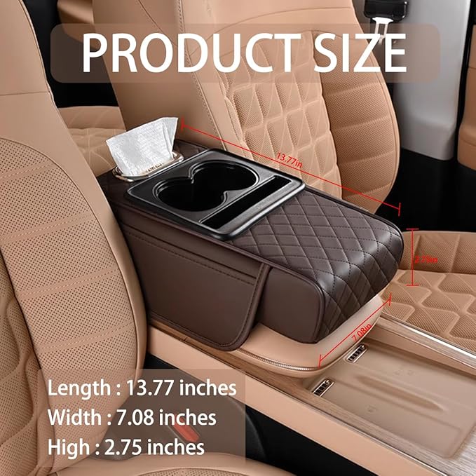 HZEL Car Center Console Cover, Leather Vehicle Armrest Cushion with Storage Bags, Cup Holder ＆ Tissue Box, Waterproof Auto Interior Arm Rest Seat Box Pad, Universal Fit (Coffee)