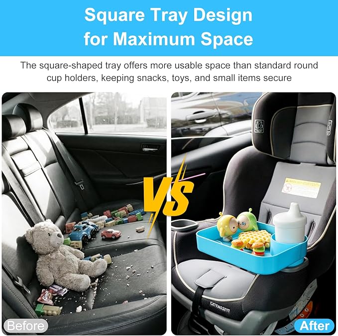 Car Seat Snack Tray for Kids, Square Car Seat Cup Holder Snack Tray with Adjustable Base, Durable CarSeat Tray for Toddlers, Universal Fit for Tesla, Safety Seats, Car Center Consoles (Sky Blue)