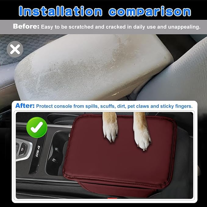 Car Center Console Cover Leather Armrest Cover Cushion with 2 Storage Bags Universal Car Armrest Seat Box Pad Car Interior Accessories Protector for Most Vehicle (red)