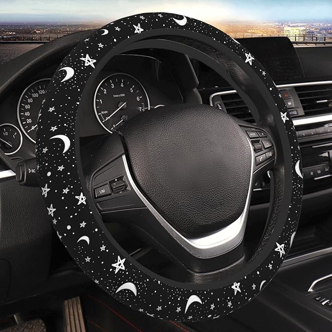 Black White Moon Star Neoprene Steering Wheel Cover Anti-Slip Elastic Moon Steering Wheel Protective Cover 15in Universal Car Accessories Fit Cars, SUVs, Auto
