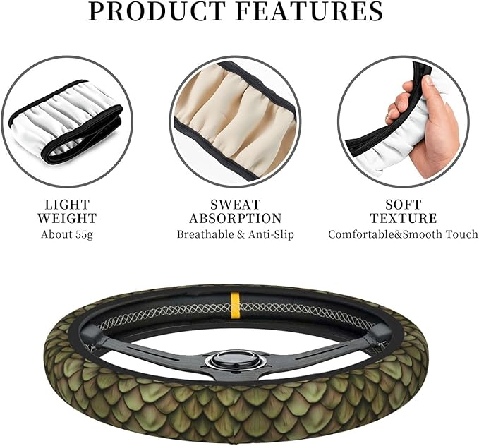 Dragon Scales Pattern Neoprene Steering Wheel Covers Women Men Car Accessories, Universal 15 Inch Fit Auto, Suvs, Truck