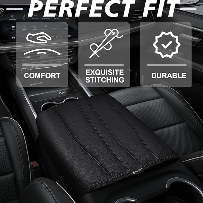 Muslogy Center Console Armrest Cover for 2019-2026 Chevy Silverado GMC Sierra, 2021-2025 2026 GMC Yukon& Chevy Tahoe/Suburban Comfort Armrest Pad Arm Rest Cushion Vegan Leather Protector Regular Thick