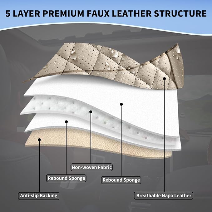 SCOMEE Beige Leather Car Seat Covers Full Set Breathable Seat Protectors Waterproof Automotive Seat Covers Universal Fit for Most Cars SUVs Trucks Vehicles