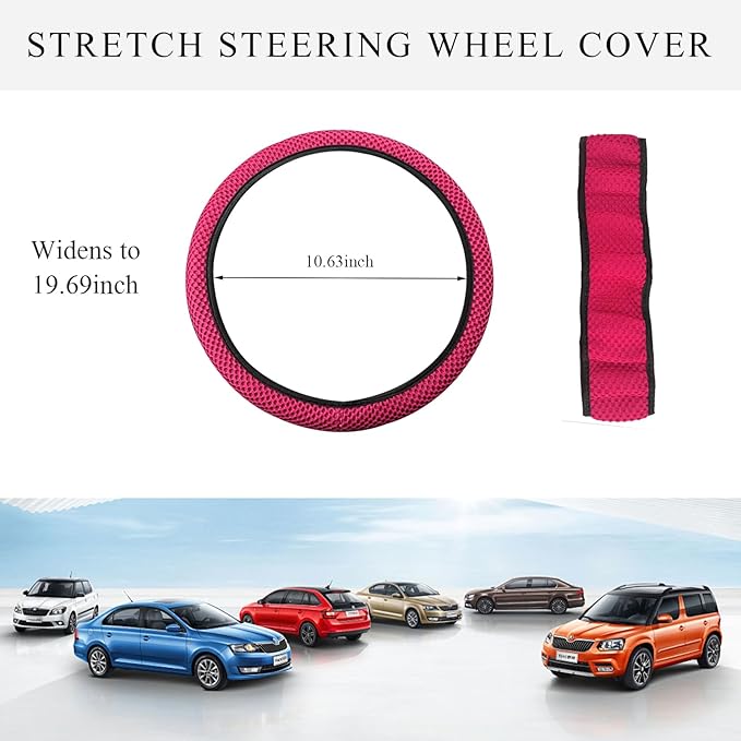 Elastic Steering Wheel Cover, 15"×15" Comfy Breathable Stretch Steering Wheel Protector, Ice-Silk Cloth Polyester Steering Wheel Cover for Men Women, Car Accessories (Rose Red)
