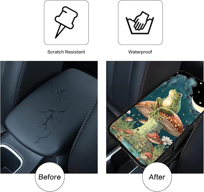 JANENFNA Car Armrest Cover Pads Universal Fashion Cute Auto Center Console Armrest Cover Pad with 2PCS Car Coasters Soft Waterproof Car Armrest Seat Protector for Women,Frog Sitting Mushroom