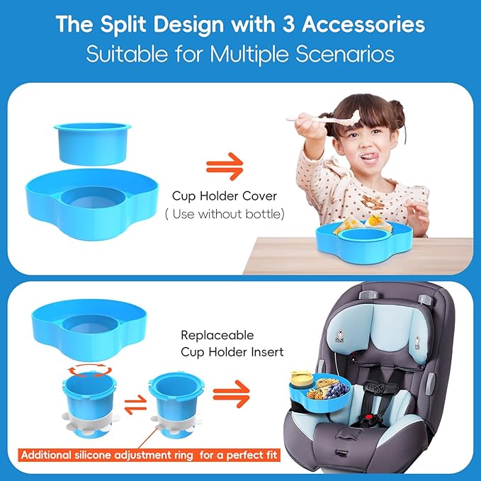 2PCS Resptasski Car Seat Cup Holder Snack Tray for Kids – Travel Tray for Car, Booster, Stroller, Outdoor Universal Adjustable Tray with Detachable Base for Snacks, Toys, Food (Sky Blue)