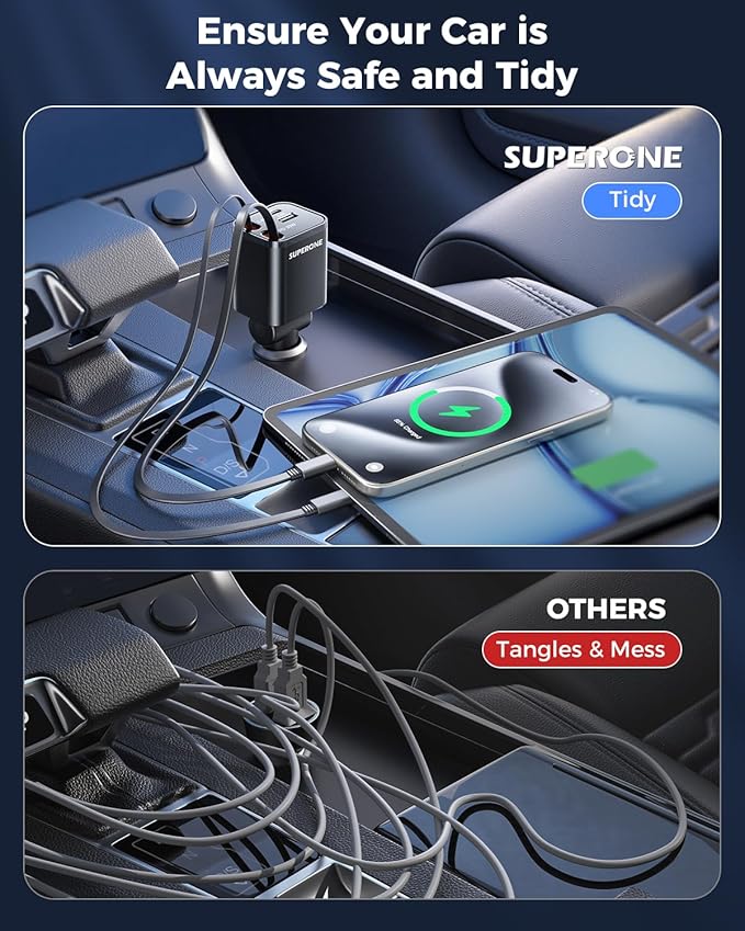 SUPERONE Retractable Car Charger, Car Charger USB C Fast Charging with Dual Type C Cable, Car Accessories Small USBC Car Adapter for iPhone 17/16/15/14/13/12 Series, iPad, Galaxy, Pixel