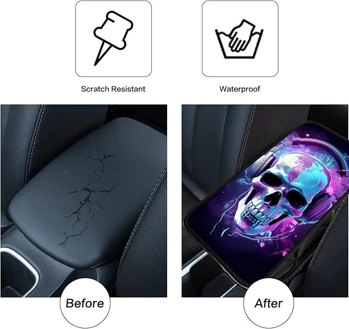 JANENFNA Car Armrest Cover Pads Universal Fashion Cute Auto Center Console Armrest Cover Pad with 2PCS Car Coasters Soft Waterproof Car Armrest Seat Protector for Women,Headphone Skull