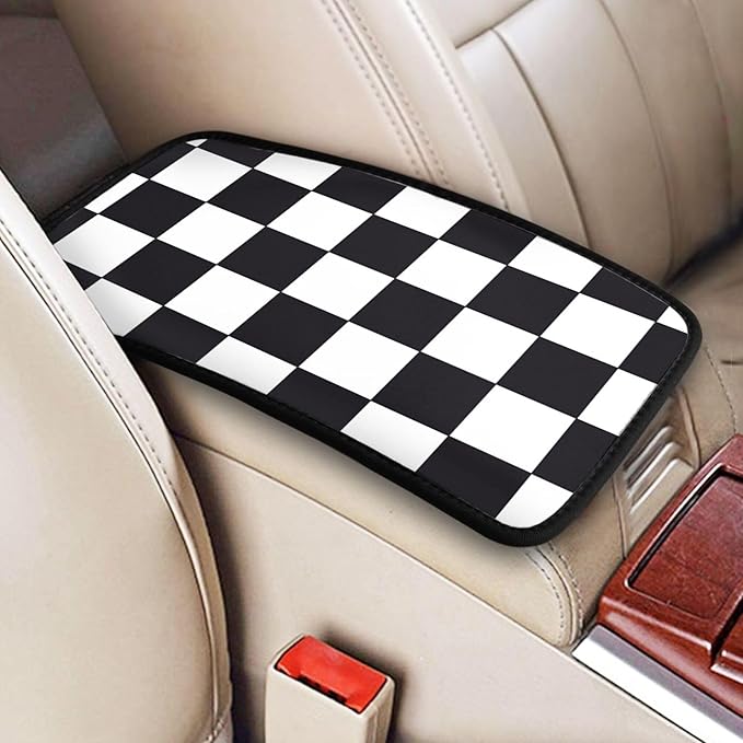THOEWONG Black White Race Checkered Flag Calibration Chess Grid Auto Center Console Cover Pad Car Armrest Seat Box Cover Cushion Universal for Most Vehicle SUV Truck Car Accessories Decor