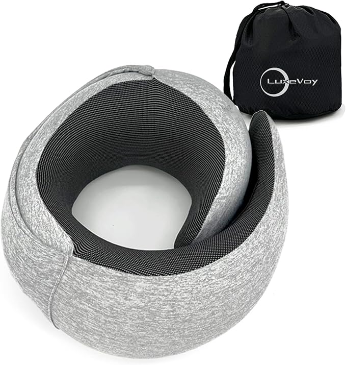 2025 Travel Neck Pillow,Stowable Hood,Ergonomic Neck Pillow Airplane,Premium Memory Foam,360º Support,Adjustable Fit,Washable Cover,Complete Travel Set,for Flight,Car and Office (Bright silver)