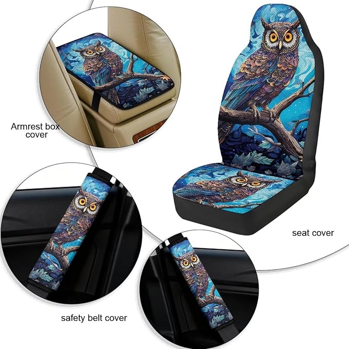 Qeluxign Owl 5-Piece Car Accessories Set Universal Fit PU Leather Seat Covers Seatbelt Pads and Armrest Cover for Cars, Trucks, SUVs