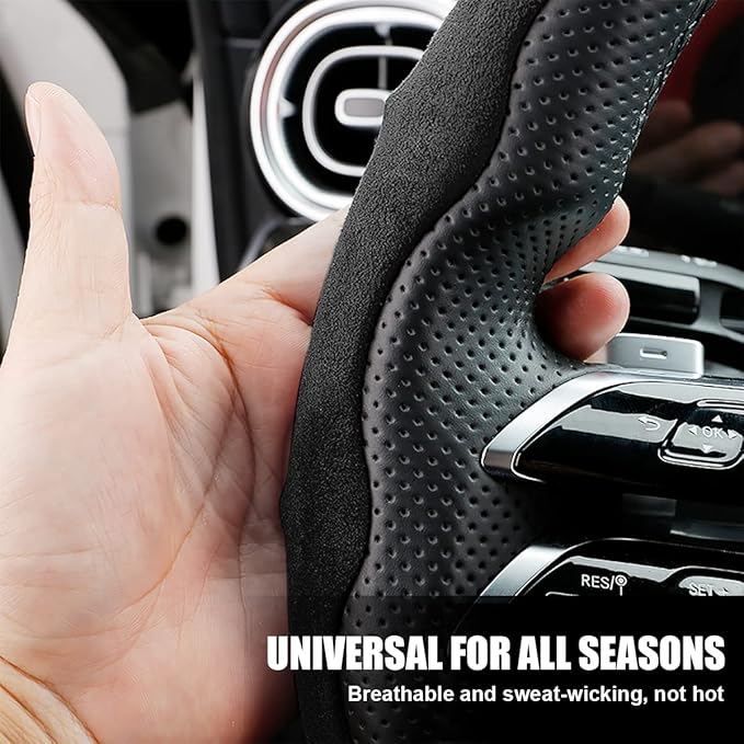 Car Steering Wheel Cover, Microfiber Suede Leather and Carbon Fiber Double Sided Design, Warm in Winter and Cool in Summer, Breathable Non Slip Segmented Protector for Most Cars (Turn Fur/Black)