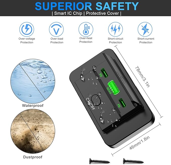2PCS 3 Ports 12V RV USB Outlet 90W, Dual PD3.0 Type-C Quick Charge 72W & USB QC3.0 18W Panel Wall Mount, Automotive Car Socket Charger Adapter for RV Marine Boat Bus ATV Motorcycle Truck