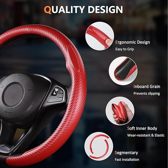 Aimato Carbon Fiber Steering Wheel Cover 2 Piece Non-Slip Clip on Steering Wheel Cover,Ultra-Thin Breathable,Universal Fit 14.5"-15" Wheel,Matte Red