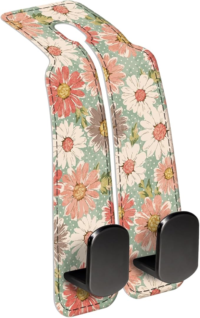 AXBSAKDI Car Seat Back Storage Headrest Hook, Premium Leather Double Metal Hook, Hanger Storage Organizer for Purse Cloth Bag, Car Interior Accessories Cute Retro Flowers