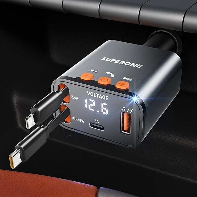 SUPERONE 69W Retractable Car Charger with Dual Cables, Compact Bluetooth 5.3 Car Adapter, FM Transmitter Radio Receiver for Hands-Free Calls & MP3 Music, USB C Fast Charging for iPhone Android
