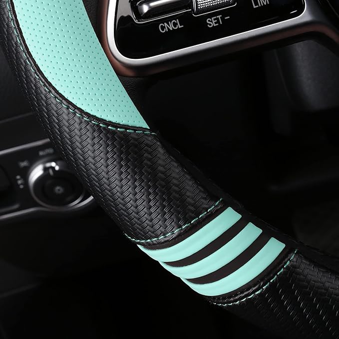 Car Steering Wheel Covers for Women Girl Padded Carbon Fiber PU Leather Cute Cartoon Auto Interior Accessories for Jeep, Truck, Universal, Anti Slip, Green, Large Size, 15.2-16in