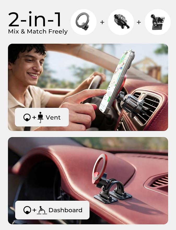 LISEN [Pro-Red Magnetic Car Phone Holder [Upgrade 3M ] Car Magnet Phone Mount [ Ultra Strong Magnets] for Mag Safe Car Mount [Vent&Dash] Car Accessories for Men Women fit iPhone 17-12 Kits
