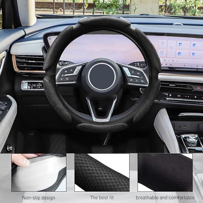 Car Steering Wheel Cover, Breathable Sporty Auto Wheels Wrap, 15 Inch Suede Steering Wheel Protector with Comfortable Grip, Steering Wheel Cover Hand Pad Cushion Slip-on for Cars (Black)