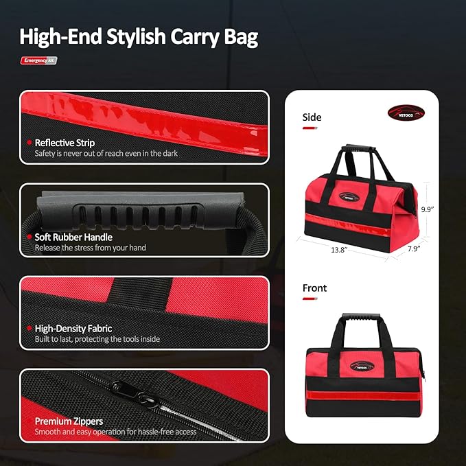 Vetoos Car Roadside Emergency Kit with Jumper Cables, Auto Road Side Safety Kit for Vehicles - with Premium Carry Bag, Portable Air Compressor