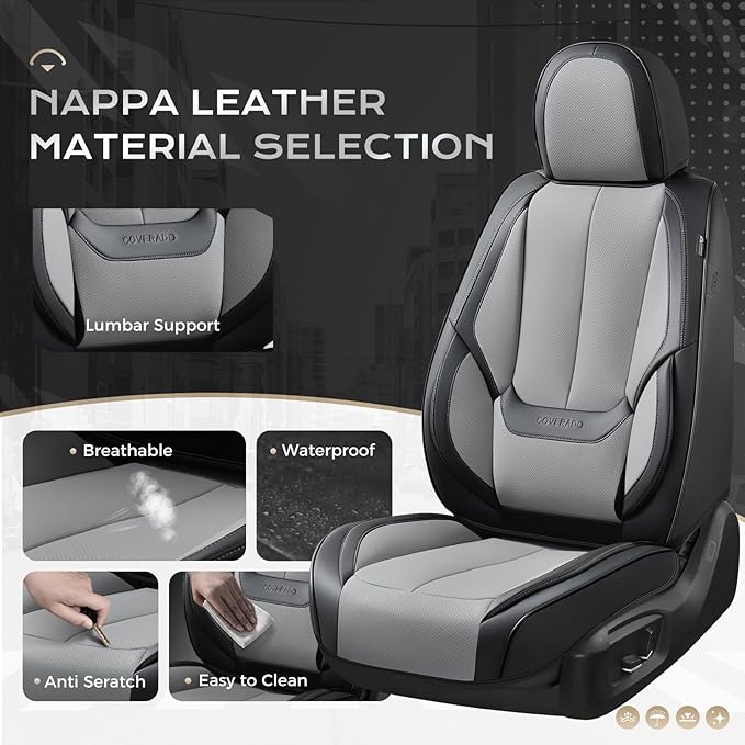 Coverado Seat Covers, Car Seat Covers Full Set, Leather Seat Covers for Cars, Car Seat Protector, Black Car Seat Covers Front Seats and Back Seats Universal Fit for Most Cars Gray