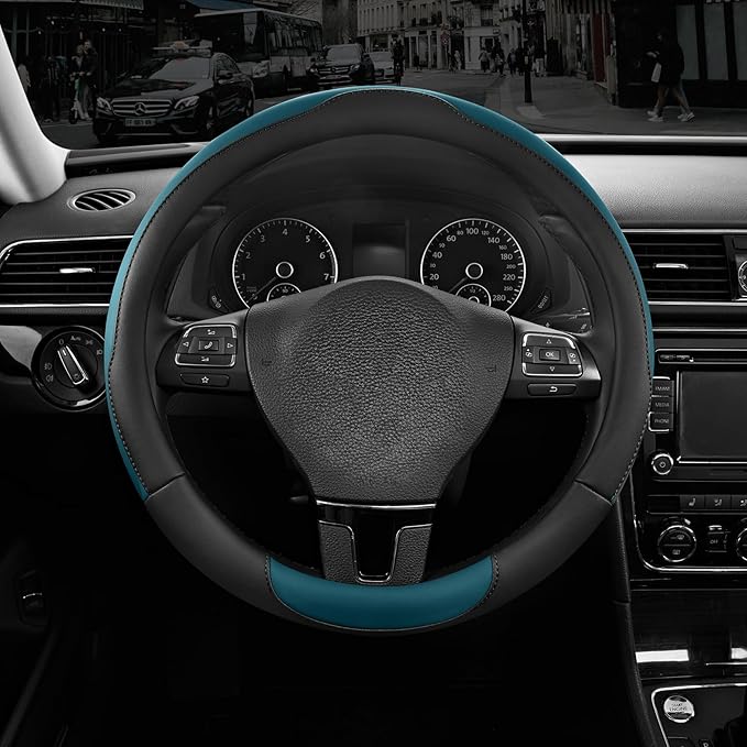 Road Comforts Steering Wheel Cover, Breathable Anti-Slip Leather Steering Wheel Cover, Universal Fit 14.5–15 Inch, Comfortable Grip - Blue Color