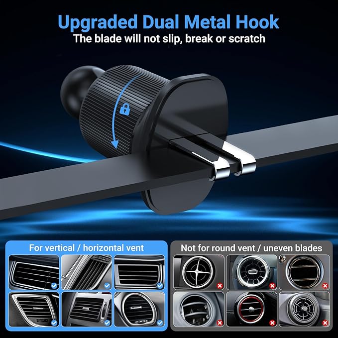 This Hill 15W Fast Magnetic Car Phone Mount - 2-in-1 Dashboard/Air Vent Mount with 360° Rotation & Secure Double Hook Clip, Compatible with MagSafe Case, iPhone, Samsung & More