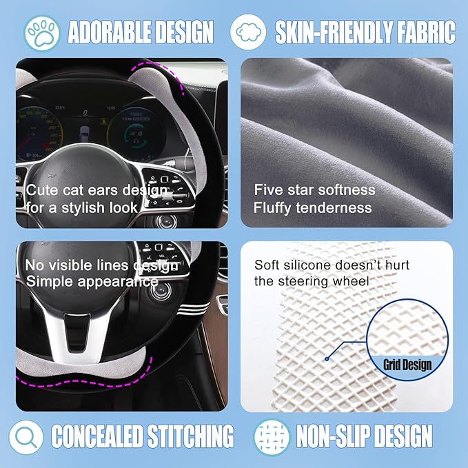 Furry Cute D Shaped Steering Wheel Cover, Soft Fluffy Short Plush Auto Accessories, Non-Slip Cold-Proof Sweat-Proof Colorfast, Universal 15 inch(Black with Gray)