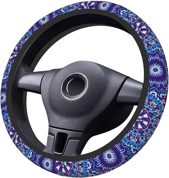 Boho Purple Flower Neoprene Steering Wheel Cover for Men Women Anti-Slip Elastic Steering Wheel Protective Cover 15in Universal Car Accessories Fit Cars, SUVs, Auto