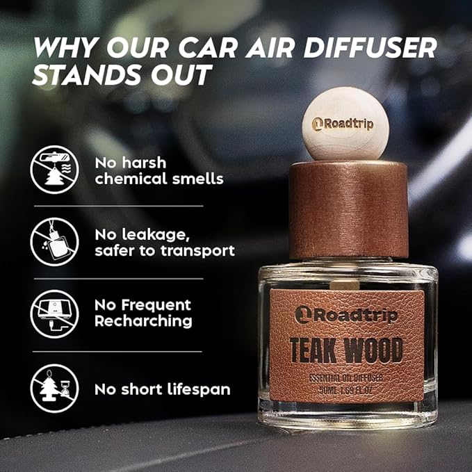 1Roadtrip Car Air Freshener - Long Lasting Aromatherapy Essential Oil Diffuser - Car Cup Holder Accessories for Men & Women - Non Toxic Air Freshener - Teakwood Scent Diffuser 1.69 FL OZ/50ML