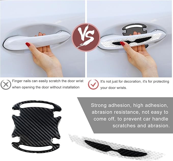 8PCS Universal Car Door Handle Scratch Protector, 3D Carbon Fiber Reflective Sticker, White