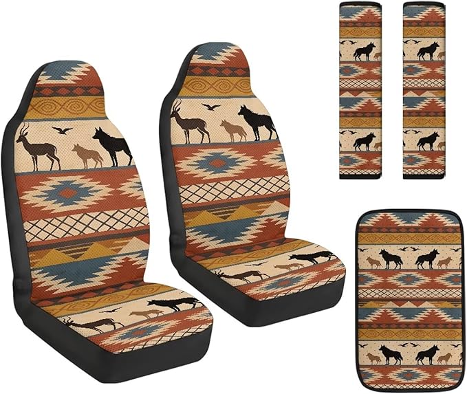 FUSURIRE Aztec Wolf Print Car Interior Accessory Set of 5,PU Front Seat Covers, Seat Belt Covers & Center Armrest Pad,Universal for Car, SUVs,Van,Small Trucks