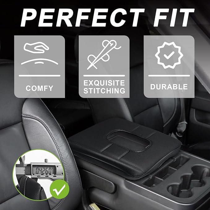 Muslogy Center Console Armrest Cover Compatible with Chevy Silverado & GMC Sierra 1500 2500 3500HD 2014-2018 Comfort Armrest Pad Vegan Leather Protector Regular Thick(Split Bench Jump Seat ONLY)