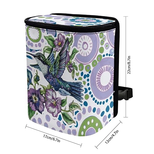 Hummingbird Floral Art Car Trash Can, Colorful Bird Flower Pattern Auto Garbage Bin for Back Seat