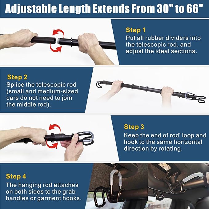 Car Clothes Hanger Bar Heavy Duty Clothing Rod for Vehicle Adjustable Cloth Storage Organizers Automotive Travel Outdoor Hanging Drying Rack for Truck SUV(Extend from 30'' to 66''/Hold up to 120lbs)