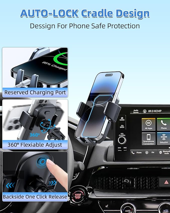 PZK Car Phone Holder for Hyundai Elantra 2021-2025 SE/SEL/Sport/Limited/N Line Accessories 8-Inch/10.25-Inch Screen Auto Lock Car Phone Mount 360° Rotation Phone Cradles Not Affect Air Vent