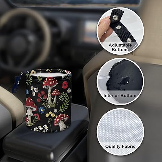 Floral Mushroom Car Trash Bag Waste Basket with Adjustable Buttons Collapsible Car Storage Bag Multipurpose Road Trip Essentials for Outdoor Activities