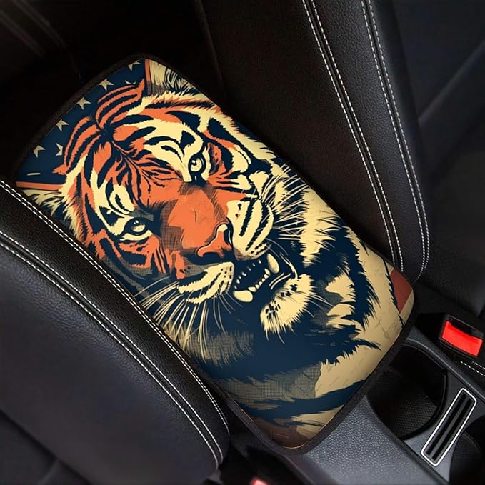 Car Center Console Pad, Universal Waterproof Car Armrest Seat Box Cover, Car Interior Accessories for Most Vehicle SUV Truck Vintage American Flag Tiger Car Armrest Pad