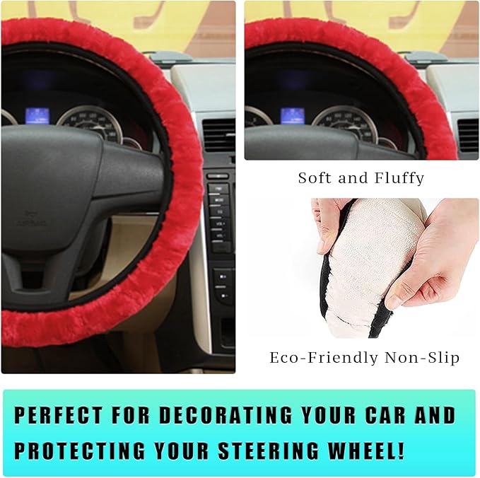 Ziciner Elastic Fuzzy Steering Wheel Cover, 15'' Soft Steering Wheel Protector for Warm Winter, Anti-Slip Fluffy Car Wheel Covers, Universal Car Interior Decor Accessories for Women Men (Red)