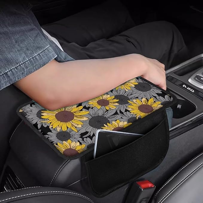 Dreaweet Sunflower Print Center Console Armrest Cover with Side Pockets Universal Armrest Cover for Car Truck SUV Van,Soft Non-Slip Car Arm Rest Cover Pad