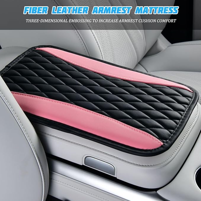 Car Center Console Cover, PU Leather Waterproof Vehicle Armrest Seat Box Protector, Automotive Interior Arm Rest Cushion Protection Accessories, Universal for SUV Sedan Truck (Black/Pink)
