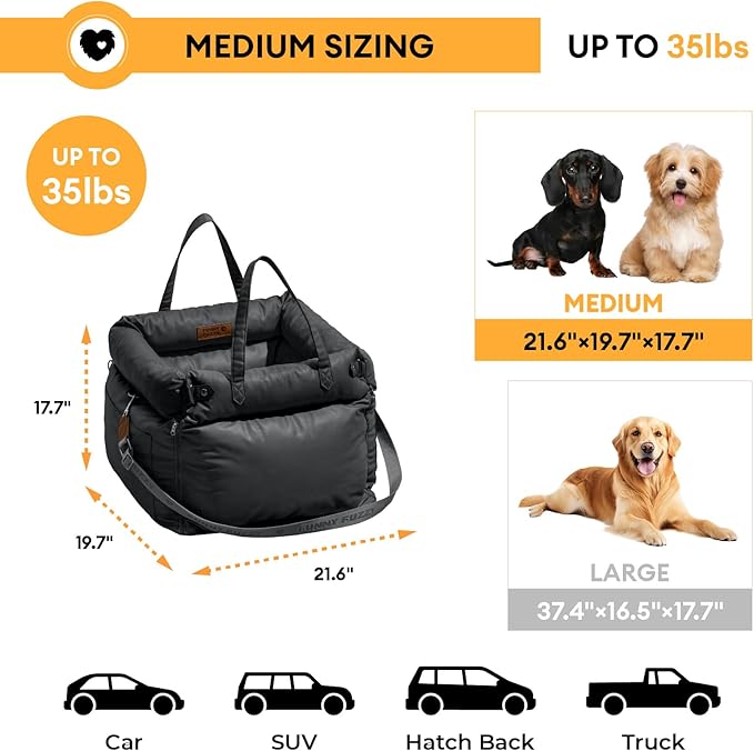 FUNNYFUZZY Leather Dog Car Seat for Small ＆ Medium Sized Dogs Up to 35lbs, Waterproof and Washable Dog Booster Seat Car Bed for Travel and Home,Portable and Safety(Black)