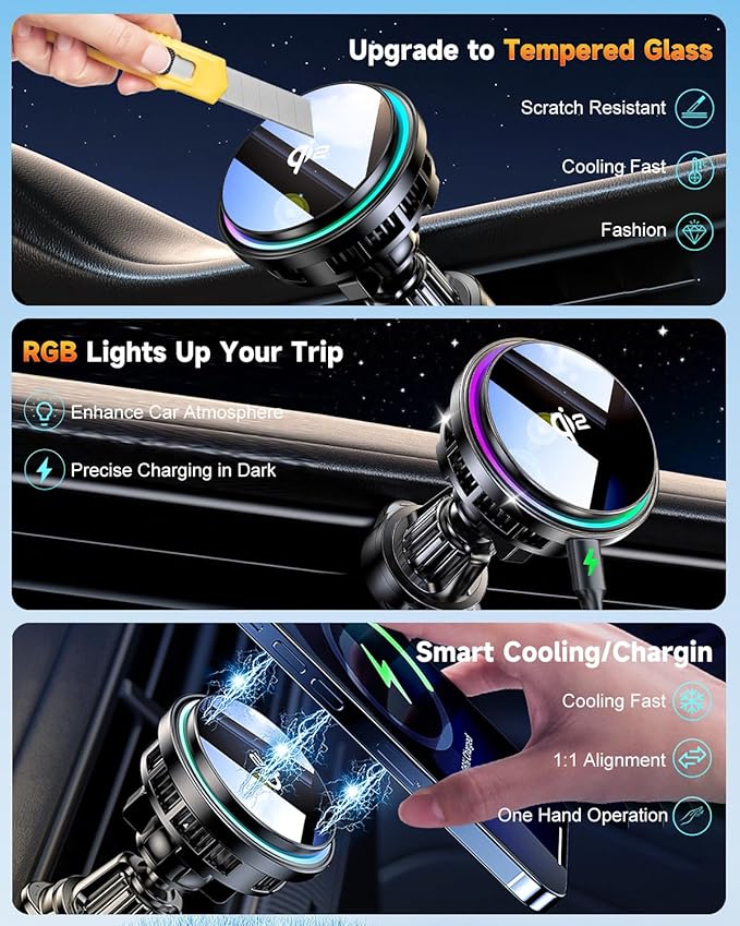 2026 Upgrade TEC & Fan Cooling Magnetic Wireless Car Charger, For Qi2 15W Magsafe Car Charger Mount, Air Vent Fast Wireless Charging Car Phone Holder for iPhone 17/16/15/14/13/12 Series, Samsung＆Pixel