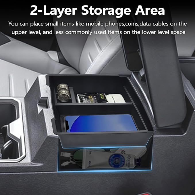 Center Console Organizer Tray fits 2024-2026 Toyota Tacoma Accessories, ABS Plastic & Anti-Slip Rubber Storage Box with Charging Hole for Tacoma Interior Accessories
