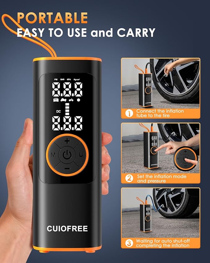 CUIOFREE Portable Tire Inflator for Car, Cordless Tire Inflator Portable Air Compressor with Digital Pressure Gauge,150PSI Dual Power, Portable Air Pump for Car Tires, Motorcycle, Bicycle, Bike, Ball