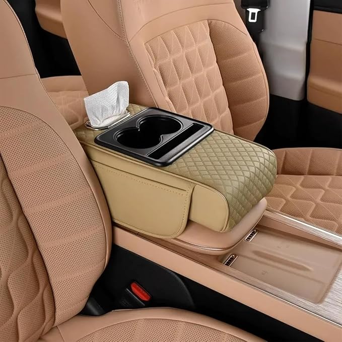 Multifunctional Pu Leather Car Armrest Box Mat, 5-in-1 Waterproof Car Armrest Organizer, Car Armrest Cushion Heightening Pad with Cup Holder, Tissue Boxes for Most Cars (Beige-B)