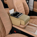 Multifunctional Pu Leather Car Armrest Box Mat, 5-in-1 Waterproof Car Armrest Organizer, Car Armrest Cushion Heightening Pad with Cup Holder, Tissue Boxes for Most Cars (Beige-B)