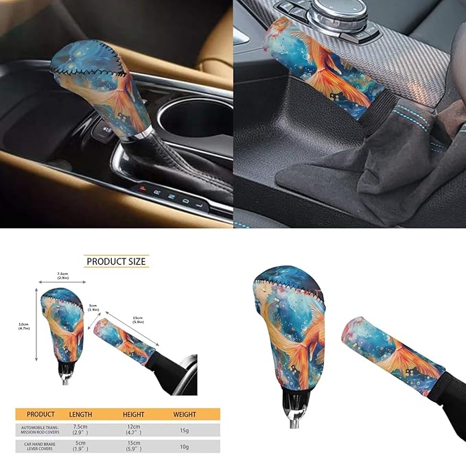 Dazzle Goldfish Print Elastic Steering Wheel Protector for Men Women Auto Interior Accessories 6 Pcs Cup Coaster Cars Handbrake Cover Fit Truck Van SUV